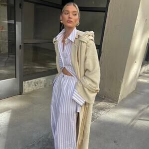 Helsa Cotton Poplin Striped Oversized Button Front Shirt Top Beige Stripe OS